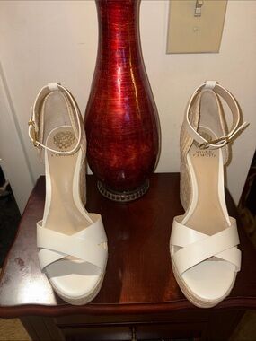 Vince Camuto 5 Inch White Espadrille Ankle-Strap Wedge Sandals